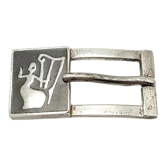 Los Castillo Taxco Onix Onyx Negro Black Silver Inlay Mexican Belt Buckle VTG main image 4